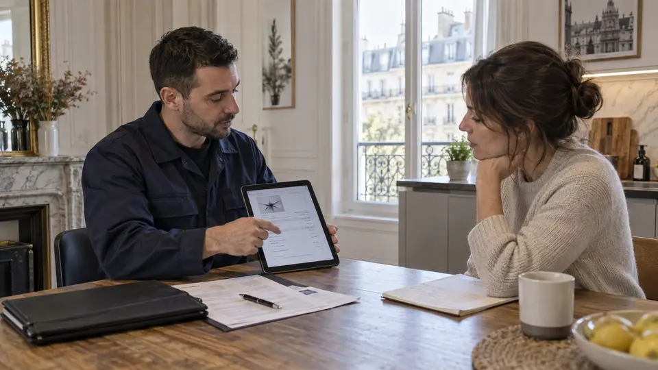 Technicien expliquant un devis de traitement punaises de lit sur tablette dans un appartement parisien