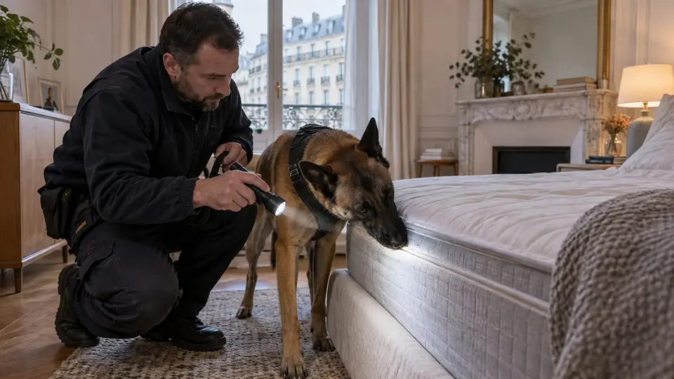 Chien de détection et technicien inspectant un matelas pour confirmer une infestation de punaises de lit
