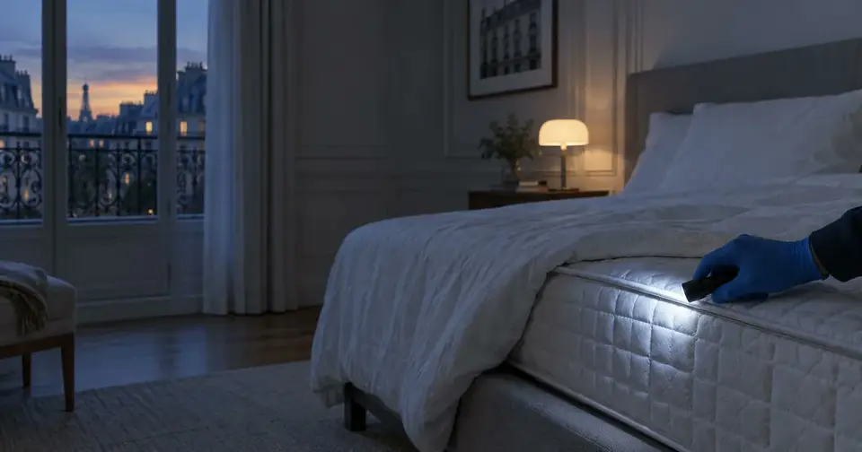 Inspection éducative du bord d’un matelas à la lampe, dans une chambre parisienne sobre. Illustration générée, pas une photo d’intervention.