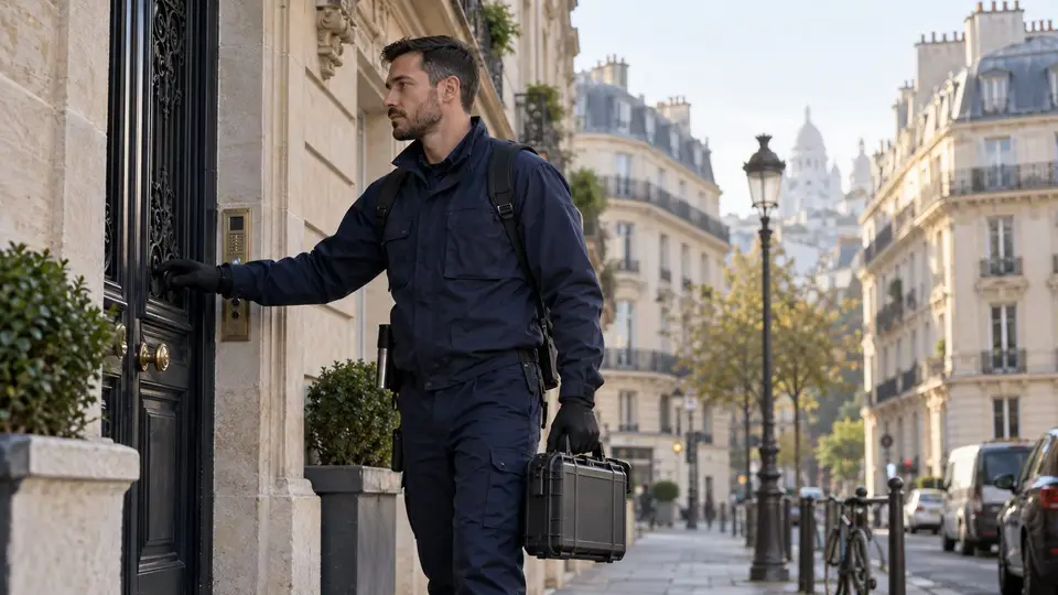 Technicien désinsectiseur devant un immeuble haussmannien à Paris pour un traitement punaises de lit