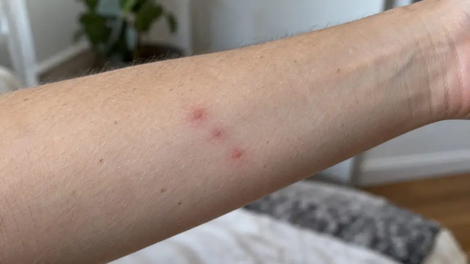 Ligne de trois piqûres rouges sur un avant-bras, aspect typique des piqûres de punaises de lit