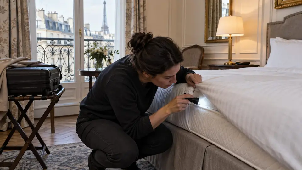 Contrôle du matelas d’une chambre d’hôtel à Paris pour détecter des punaises de lit