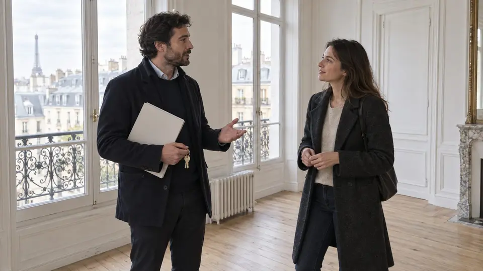 Propriétaire et locataire discutant des clés et du bail dans un studio parisien