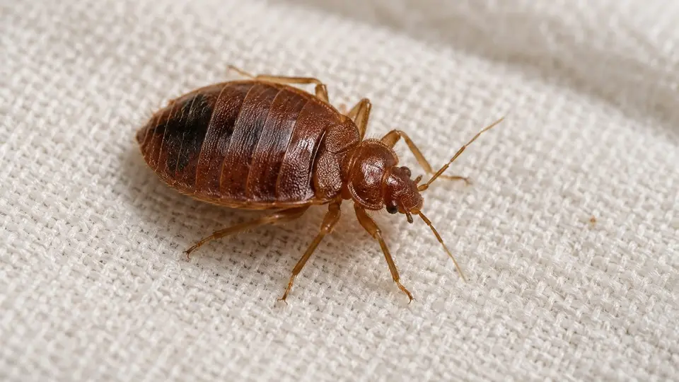 Gros plan éducatif d’une punaise de lit adulte (Cimex lectularius) sur un drap