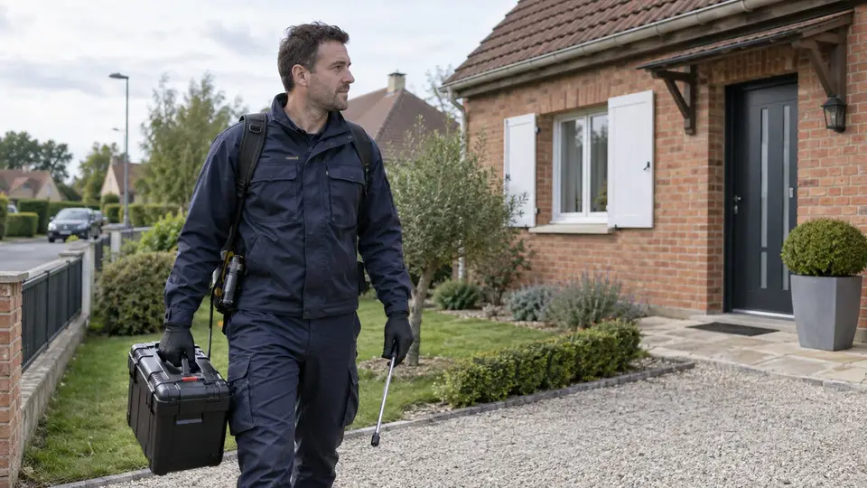 Technicien punaises de lit devant une maison individuelle en Seine-et-Marne