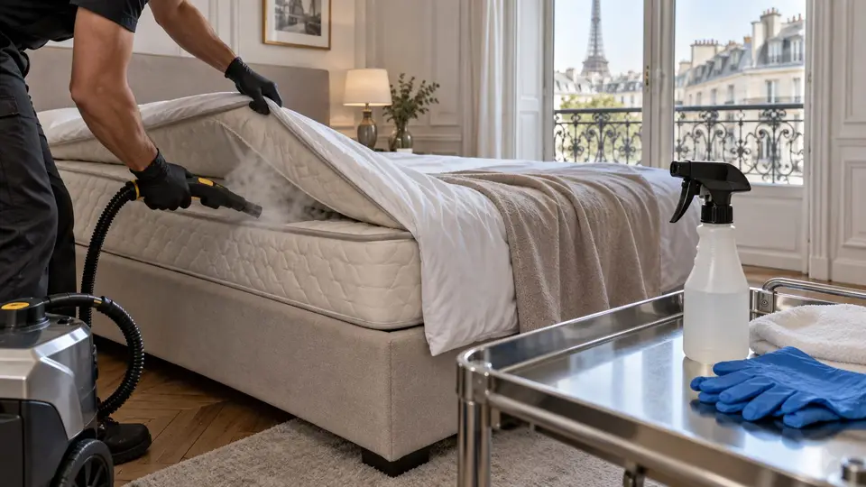 Matériel de traitement des punaises de lit : vapeur et produits professionnels près d’un matelas