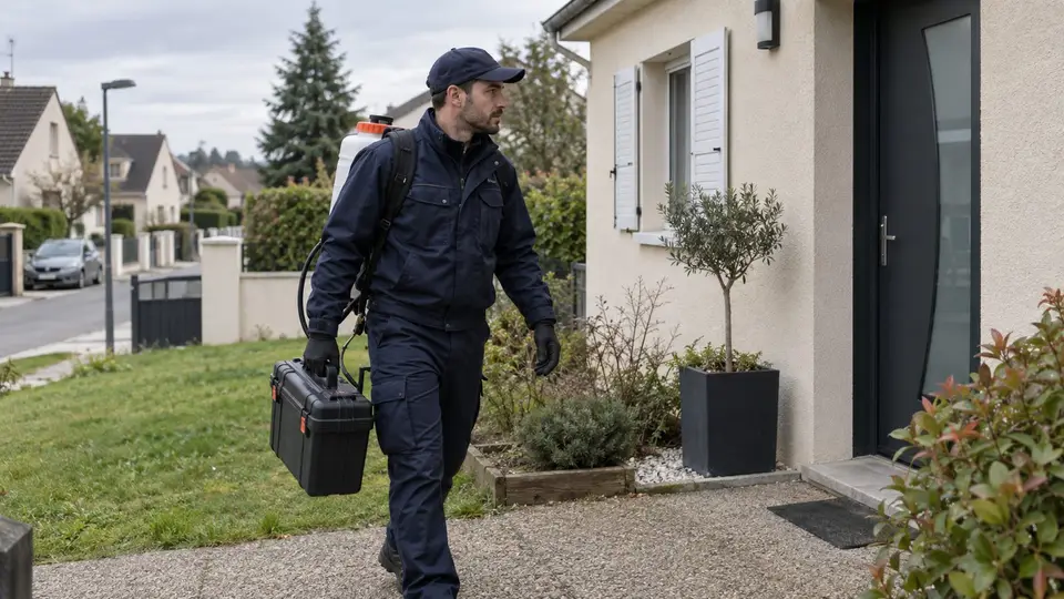 Technicien punaises de lit devant un pavillon avec jardin dans le Val-d’Oise