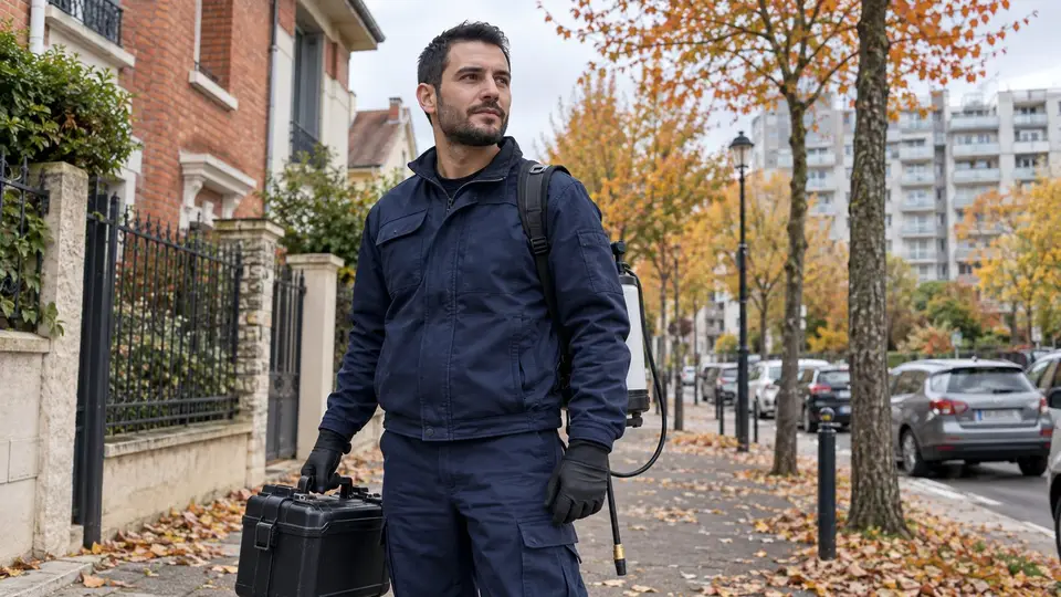 Technicien punaises de lit dans une rue résidentielle du Val-de-Marne