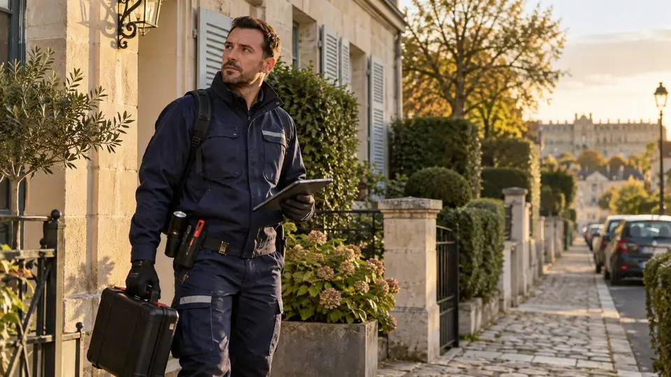 Technicien punaises de lit devant une maison en pierre dans les Yvelines